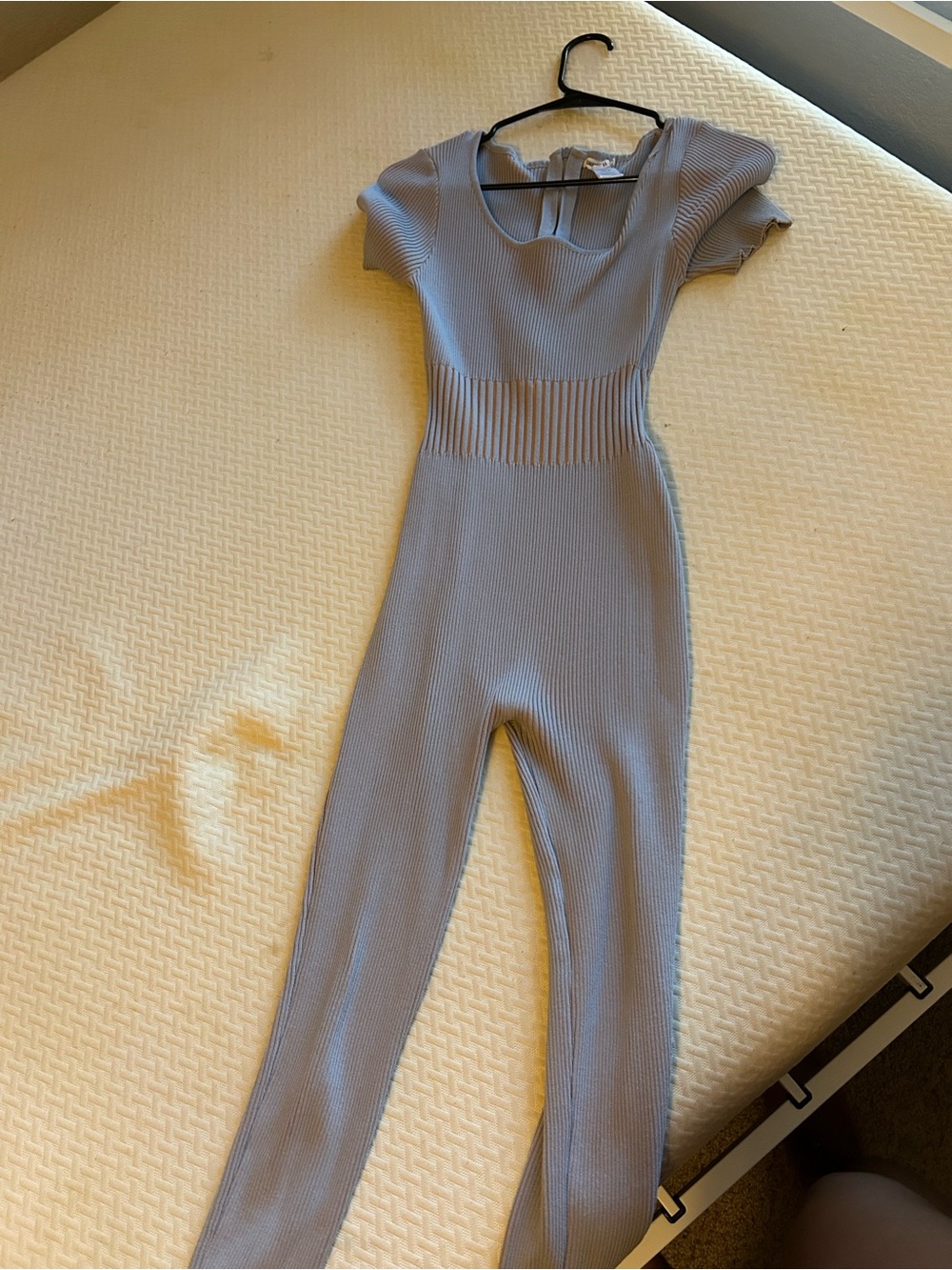 Girls Ribbed Short-Sleeve One-Piece Jumpsuit in Light Blue